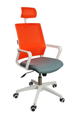 Кресло офисное Бит/белый пластик/оранжевая сетка/темно серая ткань