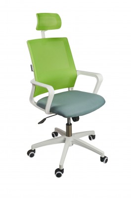 Кресло офисное Бит/белый пластик/зеленая сетка/темно серая ткань